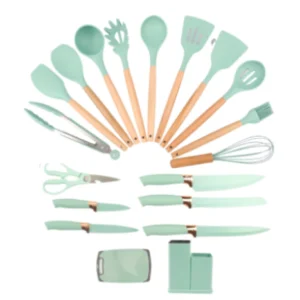 Kit 19 Utensílios De Cozinha Ke Home Cabo Madeira E Silicone Cor Verde Atacado